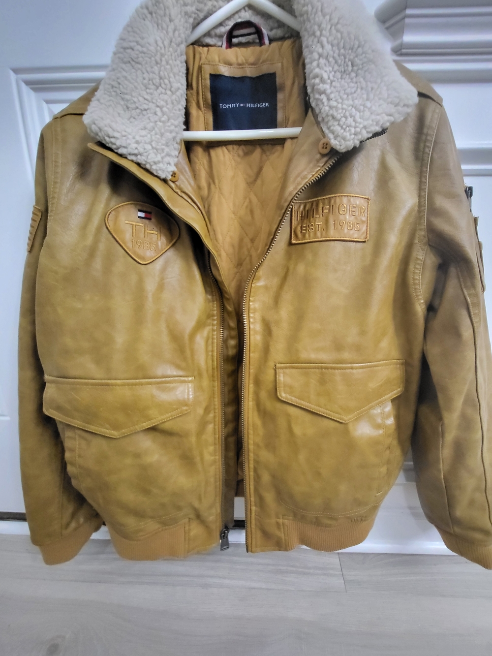 Tommy Hilfiger Tan Faux Leather Bomber with Cream Shearling Collar